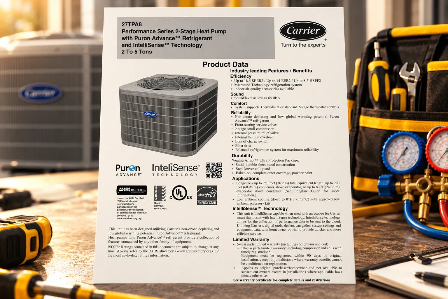 The Carrier 27TPA8 product data sheet on a workshop bench, next to a manifold gauge set and a tool bag.