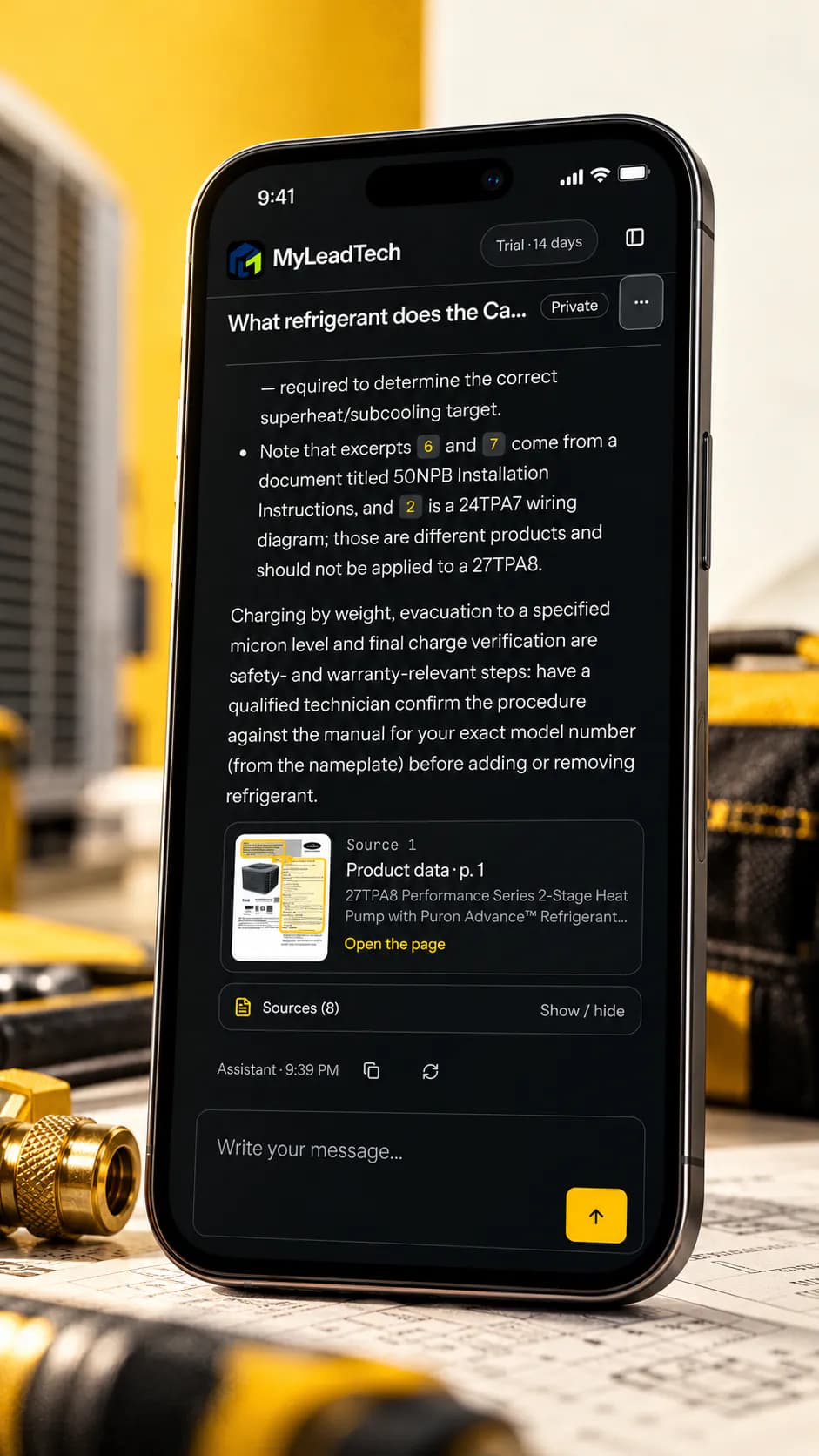 A MyLeadTech answer on a phone in the workshop: checks in order with numbered source markers, and the source card with an Open the page link.