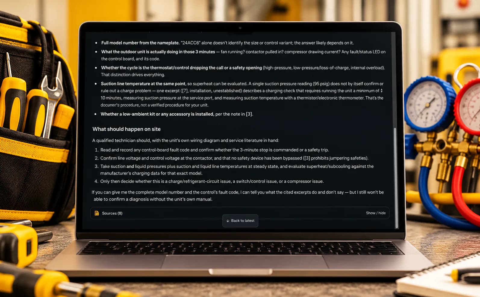 The MyLeadTech Web App on a laptop in the workshop: an answer about a Carrier 24ACC6 condenser listing what is missing and what should happen on site.