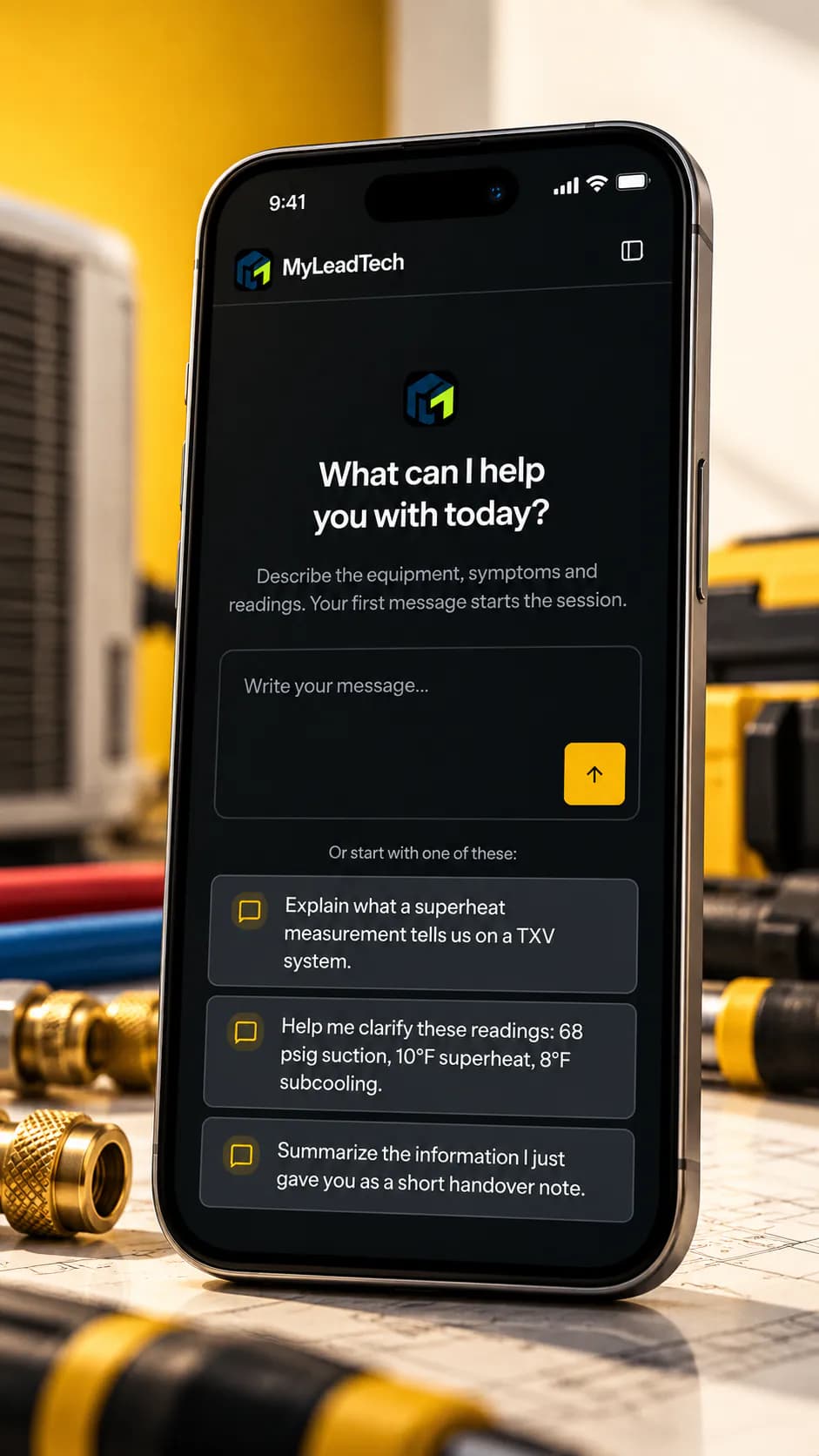 The MyLeadTech question box on a phone at the bench, asking for the equipment, symptoms and readings, with three suggested questions.