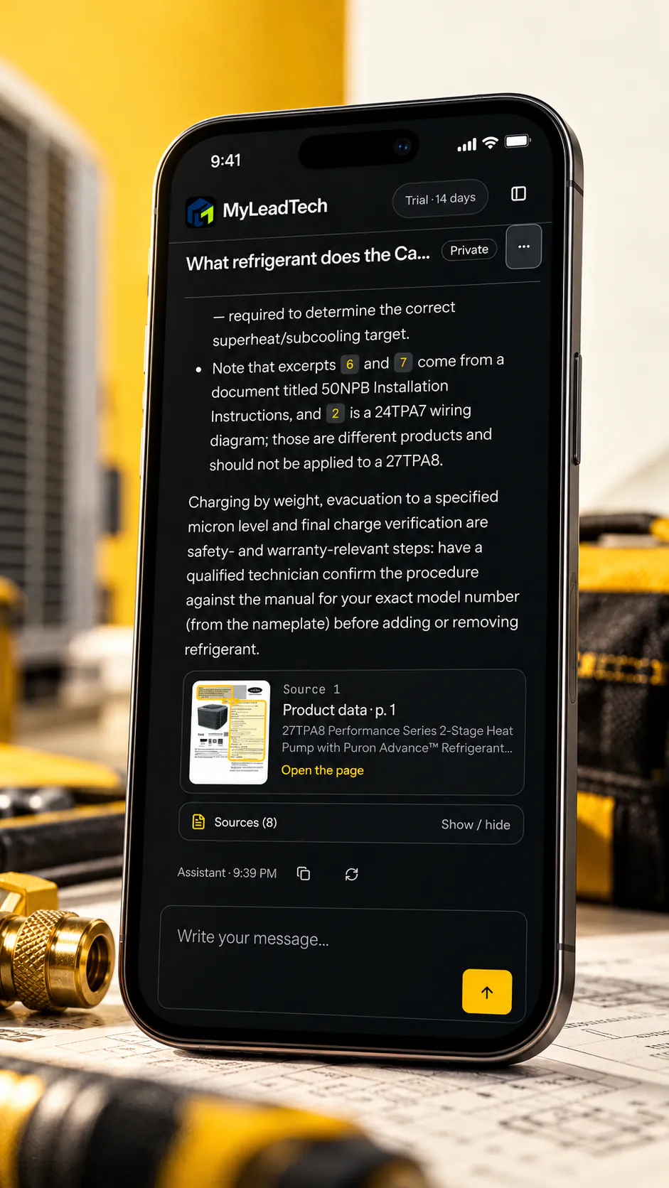 A MyLeadTech answer on a phone in the workshop: checks in order with numbered source markers, and the source card with an Open the page link.